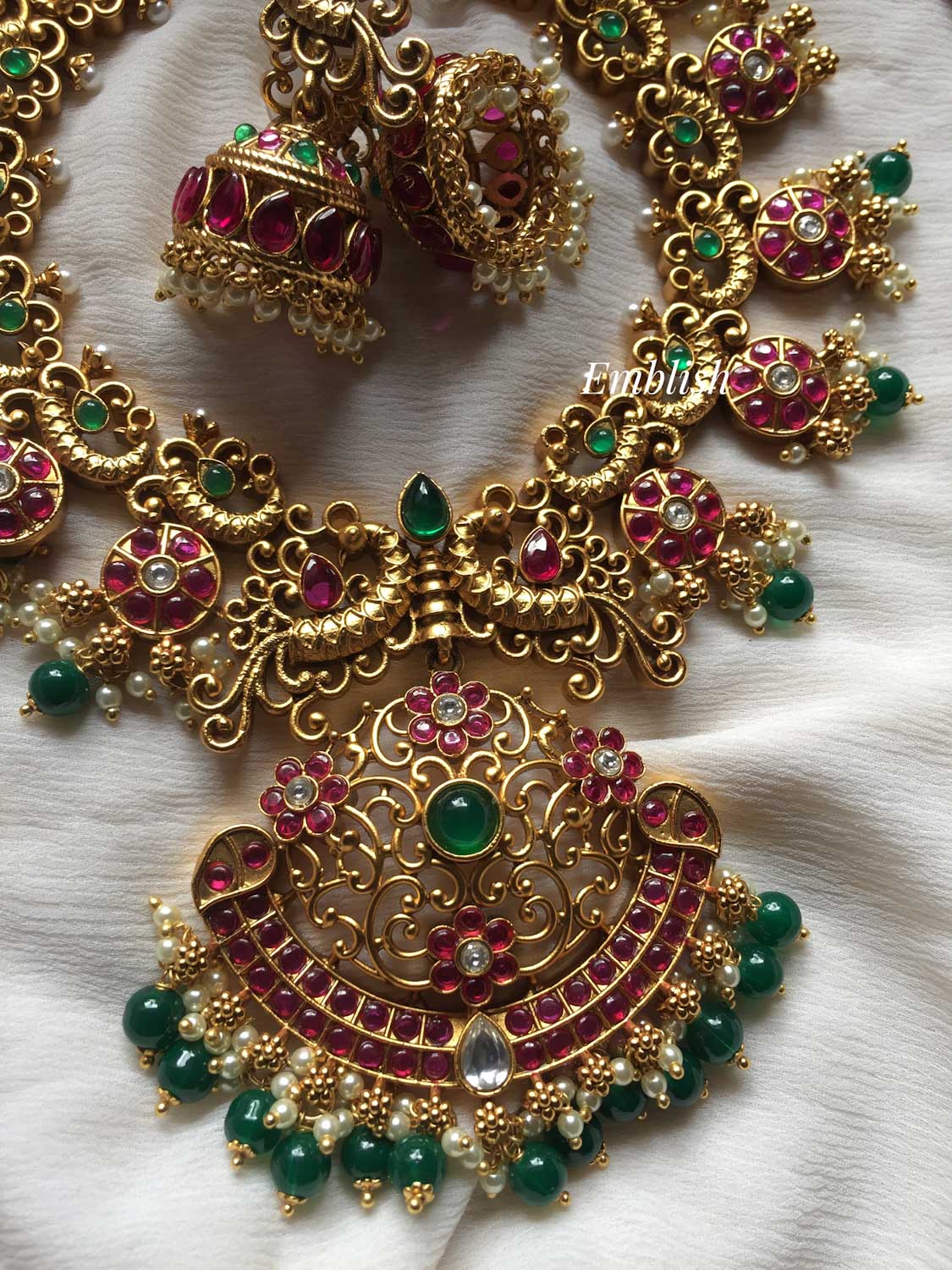 Peacock Kemp flower Cut work Green beads neckpiece